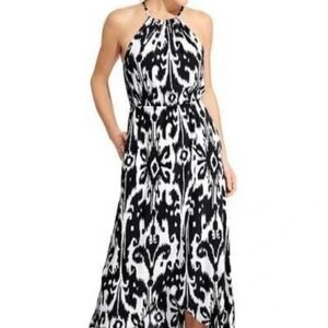 ATHLETA S Ikat Bloom Ripple Maxi Dress Black‎ White Sleeveless Halter Tassel Tie